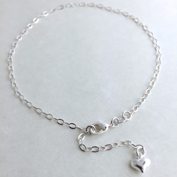 ~925 Sterling Silver Dangling Puffed Heart Anklet - Picture 1 of 3